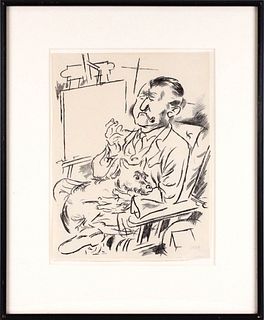 George Grosz, Etching, Self-Portrait with a Dog