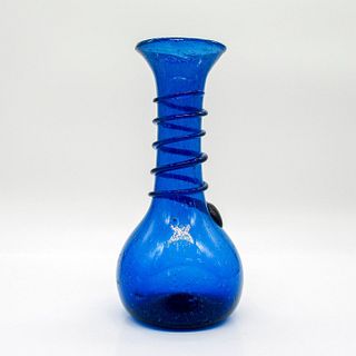 Vintage Art Glass Vase, Blue Bubble with Swirl