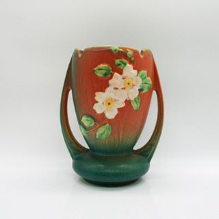 Vintage American Roseville Pottery Two Handled Vase, White Rose Pattern
