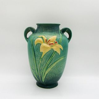 Vintage American Roseville Pottery Two Handled Vase, Zephyr Lily Pattern