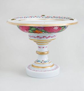 CONTINENTAL GILT-METAL-MOUNTED ENAMEL-PAINTED OPAQUE GLASS TWO-PIECE STEMMED COMPOTE