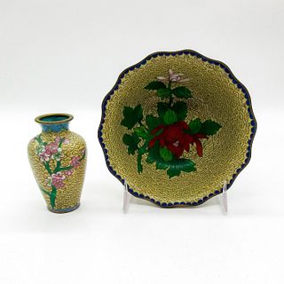 2pc Antique Chinese Cloisonne Bud Vase And Bowl