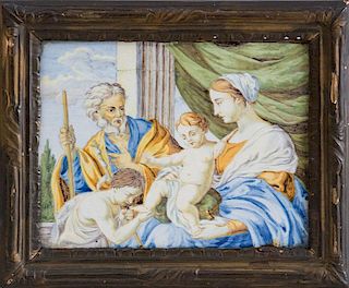 FRENCH FAIENCE PICTORIAL PANEL OF THE HOLY FAMILY AND ST. JOHN THE BAPTIST