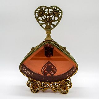 Antique Large Filigree Brass and Glass Footed Perfume Bottle with Stopper