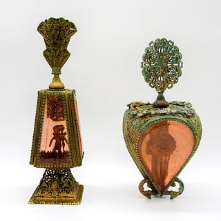 2pc Antique Large Filigree Brass and Glass Perfume Bottles with Stoppers