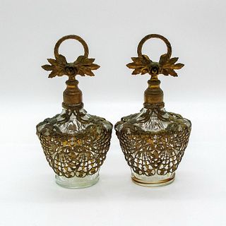 2pc French Antique Large Filigree Brass Perfume Bottles with Stoppers