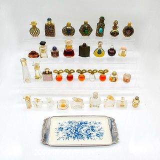 34pc Vintage Perfume Bottles + Floral Tray