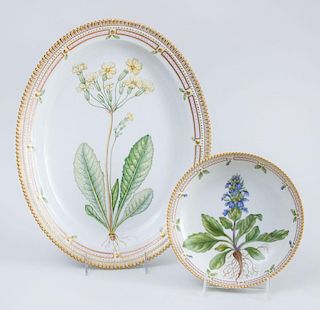 ROYAL COPENHAGEN PORCELAIN OVAL PLATTER AND A CIRCULAR SHALLOW BOWL, IN THE FLORA DANICA PATTERN