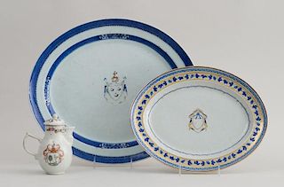 CHINESE EXPORT PORCELAIN ARMORIAL CREAMER AND COVER AND TWO CHINESE EXPORT PORCELAIN PLATTERS