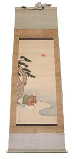 Asian Scroll Painting of a Couple on Shoreline