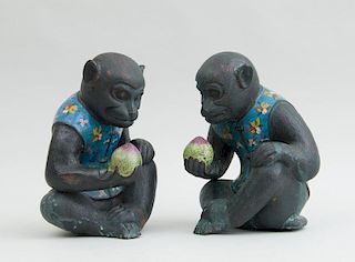 PAIR OF CHINESE CLOISONNÉ MOUNTED COPPER FIGURES OF MONKEYS