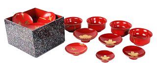 Four Chinese Red Lacquered Rice Bowls