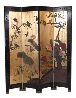 Gilt Black Lacquered Four Panel Screen