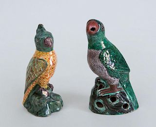 CONTINENTAL FAIENCE FIGURE OF A PARROT AND A CHINESE PORCELAIN FIGURE OF A PARROT