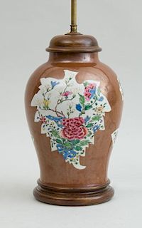 CHINESE EXPORT CAFE AU LAIT-GROUND FAMILLE ROSE PORCELAIN JAR, MOUNTED AS A LAMP