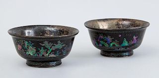 PAIR OF CHINESE ABALONE SHELL-INLAID BLACK LACQUER FOOTED BOWLS