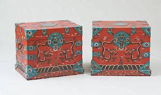 PAIR OF UNUSUAL CHINESE EXPORT CLOISONNÉ-MOUNTED RED LACQUER TRUNKS