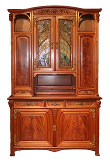 Art Nouveau Carved Mahogany and Lead Glass Buffet