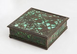 TIFFANY STUDIOS BRONZE-MOUNTED FAVRILLE GLASS SQUARE BOX, IN THE WOODBINE PATTERN