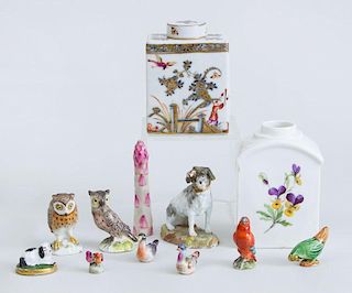 MEISSEN PORCELAIN TEA CADDY AND COVER, ANOTHER (LACKING COVER), FOUR OTHER MEISSEN PIECES AND SIX MINIATURE ANIMAL FIGURES