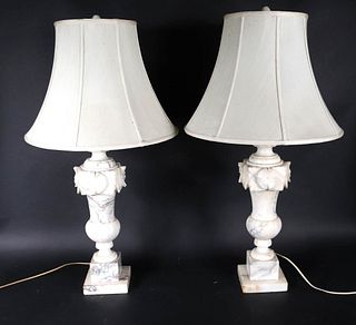 Pair of Neoclassical Style Carved Marble Lamps