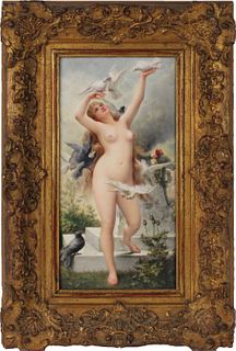 KPM Porcelain Plaque, Nude Woman with Birds