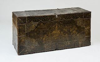 KOREAN METAL-MOUNTED PAINTED LACQUER AND PARCEL-GILT TRUNK