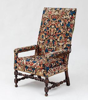 TWO SIMILAR FLEMISH BAROQUE STAINED WALNUT TALL BACK ARMCHAIRS