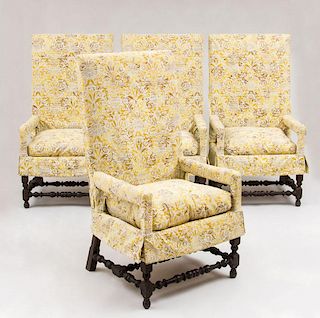 SET OF FOUR FLEMISH BAROQUE STYLE STAINED WALNUT TALL-BACK ARMCHAIRS