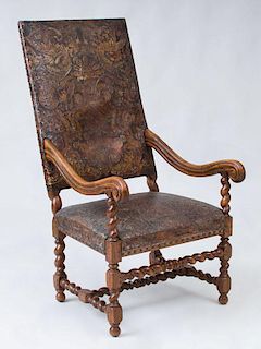 SPANISH BAROQUE STYLE CARVED OAK TALL BACK ARMCHAIR