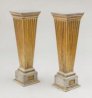 PAIR OF LOUIS XVI STYLE GREY PAINTED AND PARCEL-GILT PEDESTALS