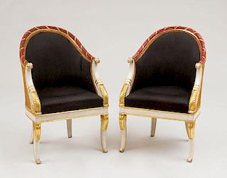 PAIR OF EMPIRE CREAM AND IRON-RED PAINTED AND PARCEL-GILT TUB CHAIRS