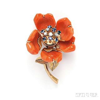 18kt Gold and Coral Flower Brooch