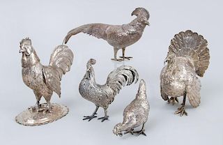 GROUP OF FIVE GERMAN (800) SILVER FIGURES OF FOWL