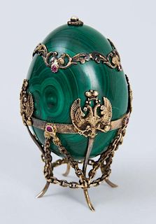 RUSSIAN SILVER-GILT-MOUNTED MALACHITE EGG, IN THE MANNER OF FABERGÉ