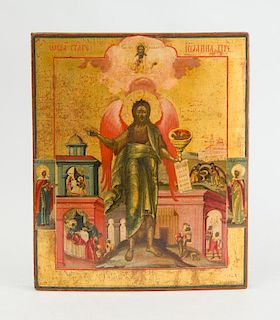 RUSSIAN ICON OF AN ARCHANGEL AND SCENES FROM THE LIFE OF MARTYRED SAINT