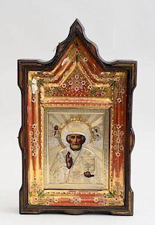 RUSSIAN ICON OF ST. NICHOLAS THE WONDER WORKER WITH SILVER OKLAD
