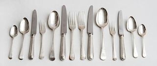 GEORGE III AND LATER ENGLISH CRESTED SILVER ASSEMBLED EIGHTY-THREE-PIECE PART FLATWARE SERVICE IN THE "FEATHER EDGE" PATTERN
