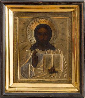RUSSIAN ICON OF CHRIST WITH BIBLE, WITH SILVER-GILT OKLAD