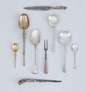 GROUP OF EARLY ENGLISH AND BAROQUE STYLE SILVER FLATWARE ARTICLES
