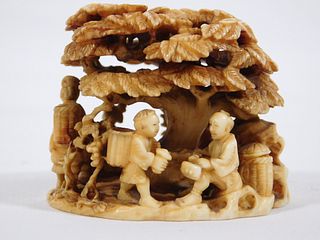 Netsuke Collecting Mushrooms (Ivory)