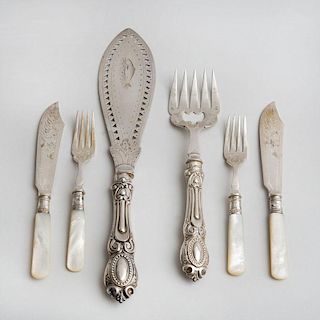 SET OF TWELVE ENGLISH MOTHER-OF-PEARL HANDLED FISH KNIVES AND FORKS