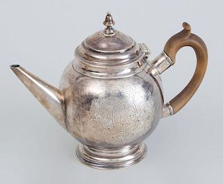 ENGLISH ARMORIAL SILVER BULLET-FORM TEAPOT, POSSIBLY QUEEN ANNE