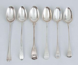 GEORGE I CRESTED SILVER BASTING SPOON AND FIVE GEORGE III SILVER BASTING SPOONS