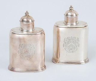 PAIR OF ARMORIAL SILVER TEA CADDIES AND COVERS