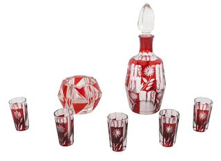 Bohemian Red Cut to Clear Glass Cordial Set
