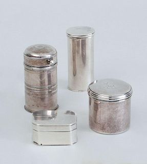 TWO GEORGE III SILVER NUTMEG GRATERS, A CRESTED SILVER CYLINDRICAL BOX AND A SILVER-PLATED TWO-PART CYLINDRICAL BOX