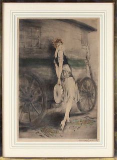 Louis Icart Print of Woman Next to a Car
