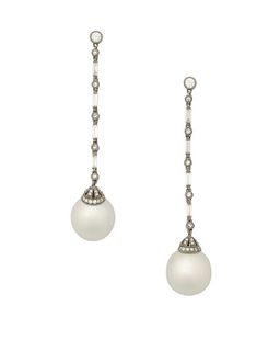 A pair of South Sea cultured pearl and diamond ear pendants