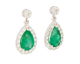 A pair of emerald and diamond drop earrings